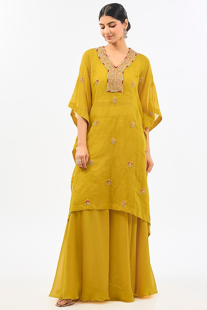 Yellow Dupion Embroidered Kaftan Set by Pallavi Poddar (India) at Pernia's Pop Up Shop