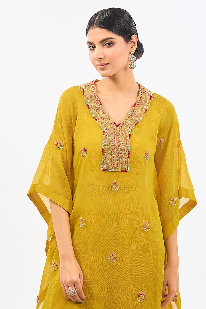 Yellow Dupion Embroidered Kaftan Set by Pallavi Poddar (India) at Pernia's Pop Up Shop