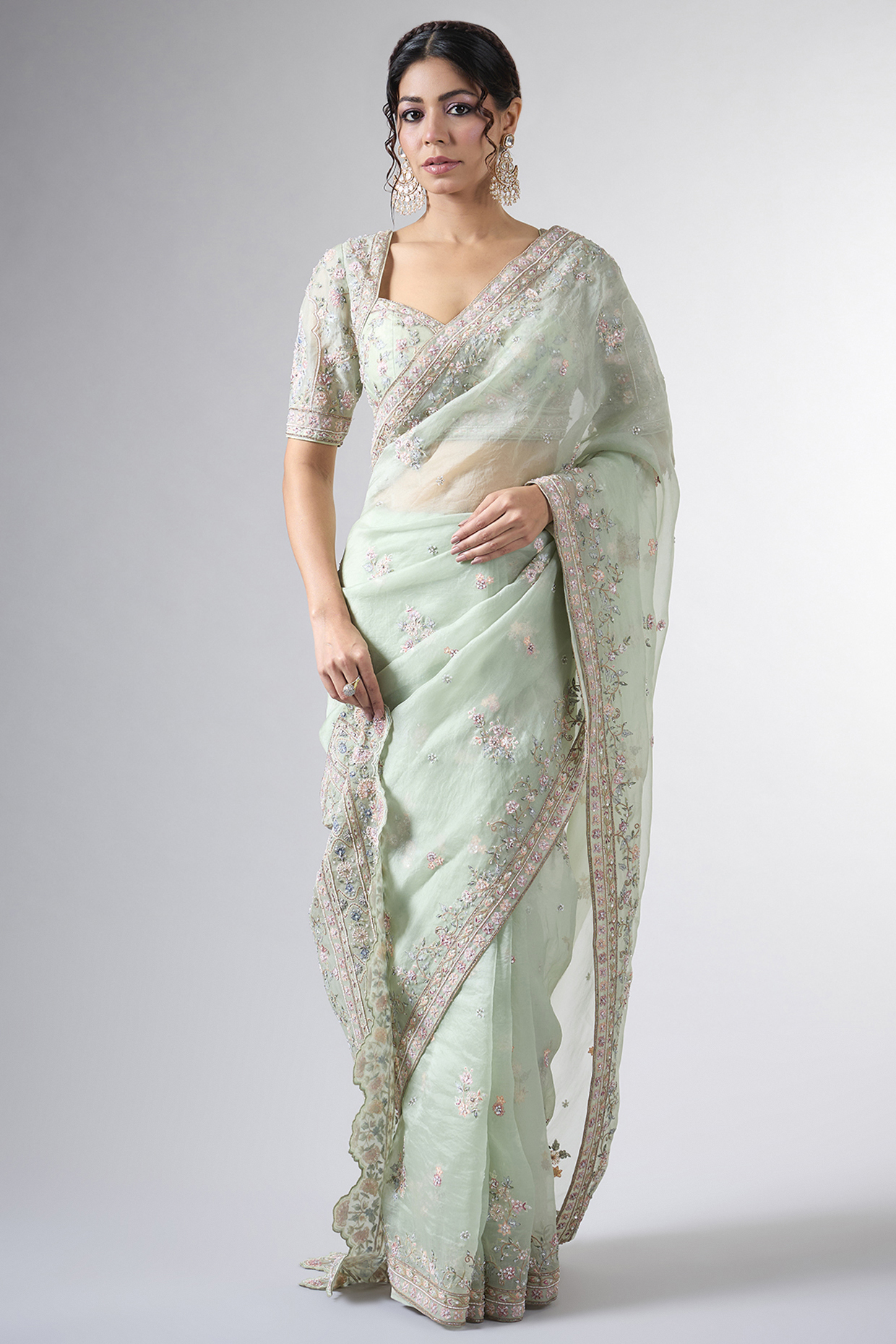 Blue Organza Moti & Tikki Work Reception Saree Set by Pallavi Poddar (India) at Pernia's Pop Up Shop