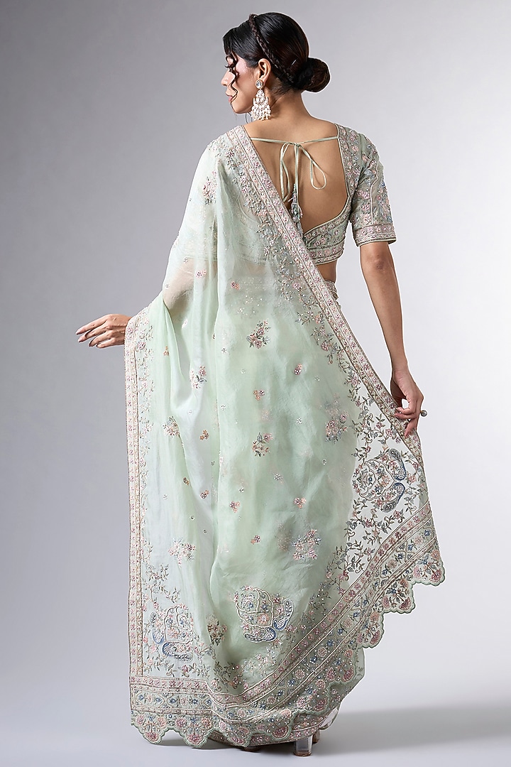 Blue Organza Moti & Tikki Work Reception Saree Set by Pallavi Poddar (India) at Pernia's Pop Up Shop