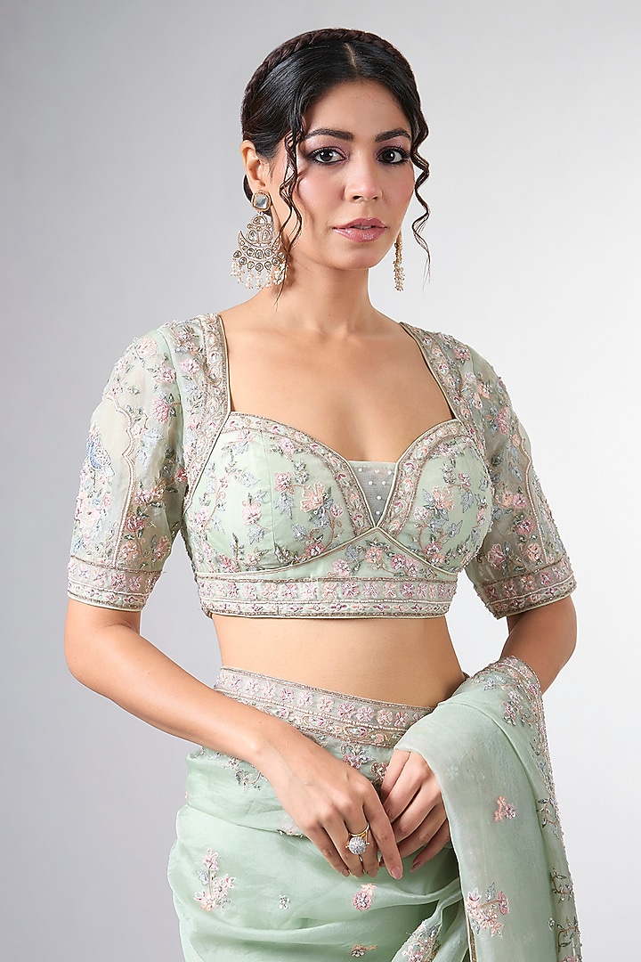 Blue Organza Moti & Tikki Work Reception Saree Set by Pallavi Poddar (India) at Pernia's Pop Up Shop