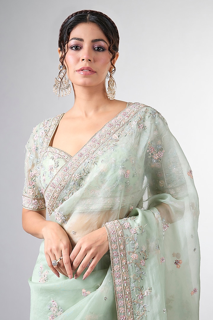 Blue Organza Moti & Tikki Work Reception Saree Set by Pallavi Poddar (India) at Pernia's Pop Up Shop
