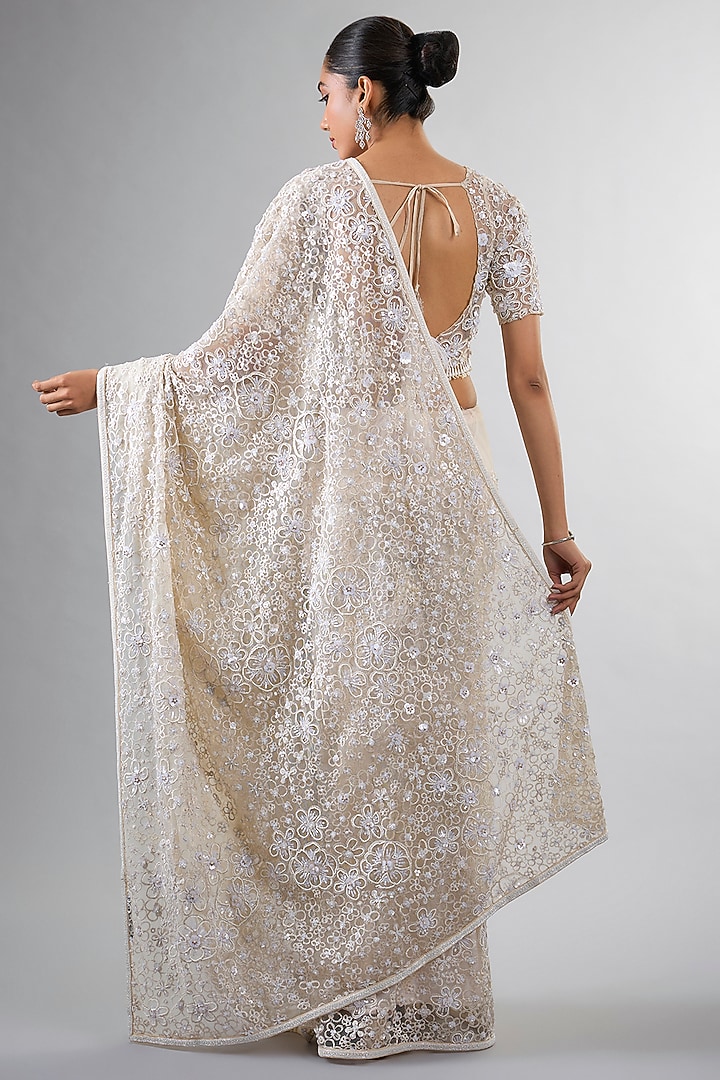 Cream Net Tikki Work Reception Saree Set by Pallavi Poddar (India) at Pernia's Pop Up Shop