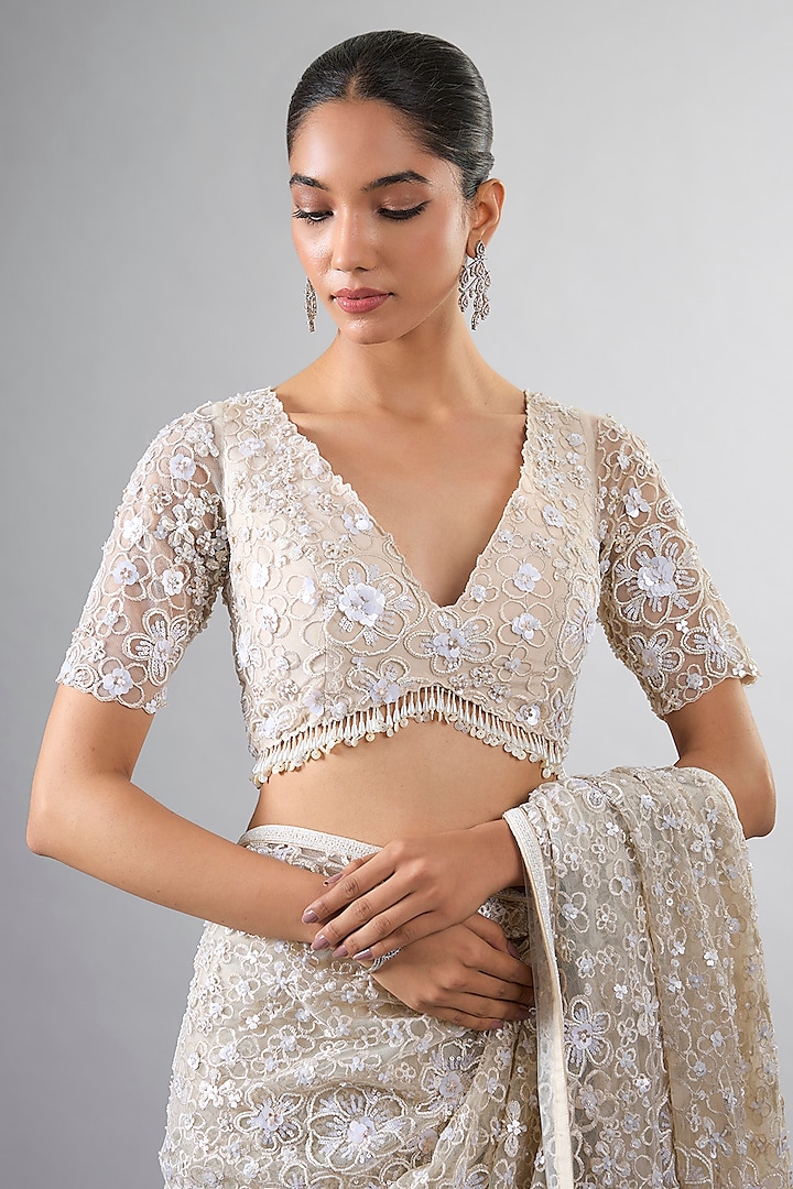 Cream Net Tikki Work Reception Saree Set by Pallavi Poddar (India) at Pernia's Pop Up Shop