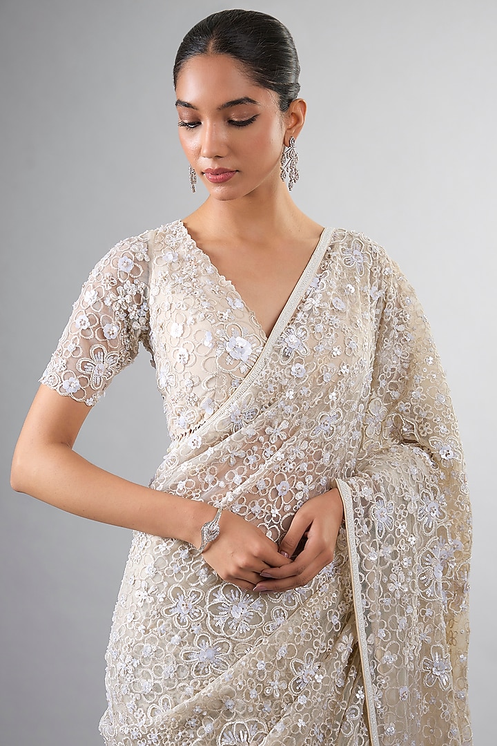 Cream Net Tikki Work Reception Saree Set by Pallavi Poddar (India) at Pernia's Pop Up Shop