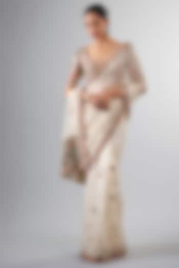 Ivory Organza Cutdana & Dabka Work Reception Saree Set by Pallavi Poddar (India) at Pernia's Pop Up Shop