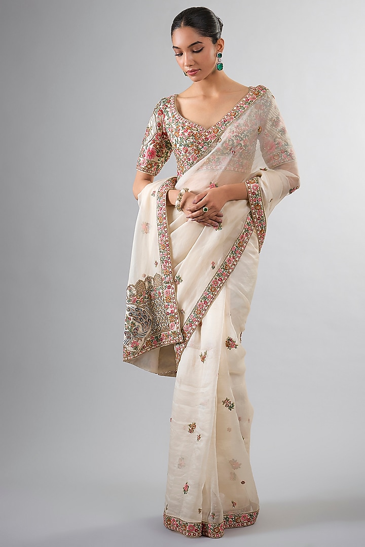 Ivory Organza Cutdana & Dabka Work Reception Saree Set by Pallavi Poddar (India) at Pernia's Pop Up Shop