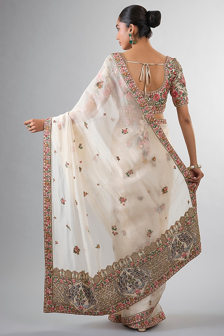 Ivory Organza Cutdana & Dabka Work Reception Saree Set by Pallavi Poddar (India) at Pernia's Pop Up Shop