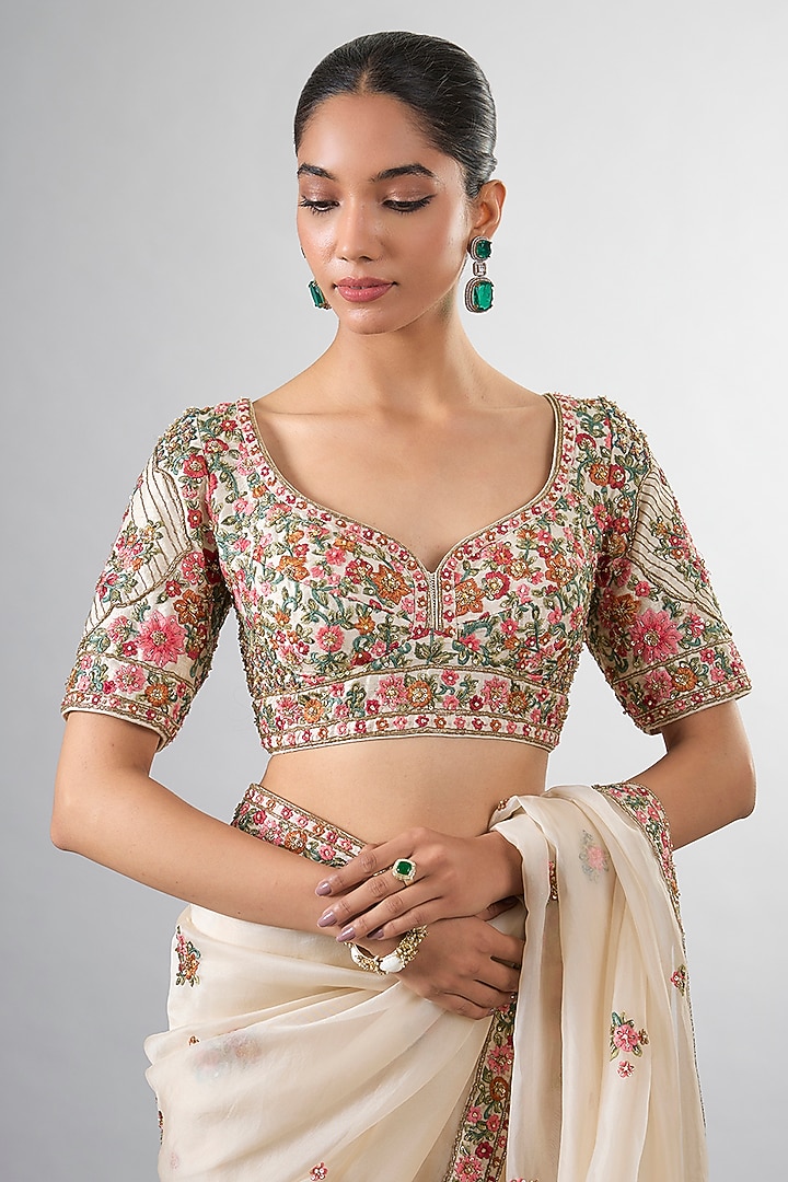 Ivory Organza Cutdana & Dabka Work Reception Saree Set by Pallavi Poddar (India) at Pernia's Pop Up Shop