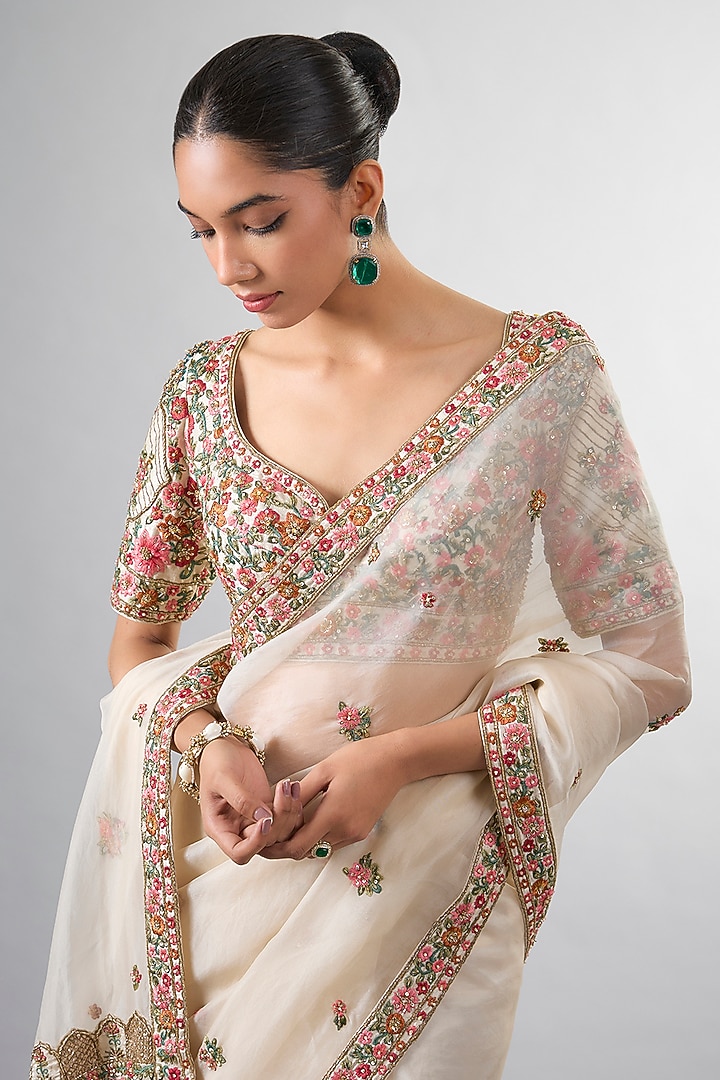 Ivory Organza Cutdana & Dabka Work Reception Saree Set by Pallavi Poddar (India) at Pernia's Pop Up Shop