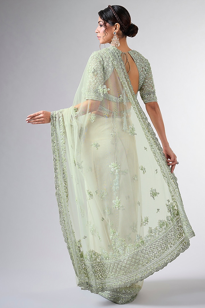 Green Net Tikki Work Wedding Saree Set by Pallavi Poddar (India) at Pernia's Pop Up Shop
