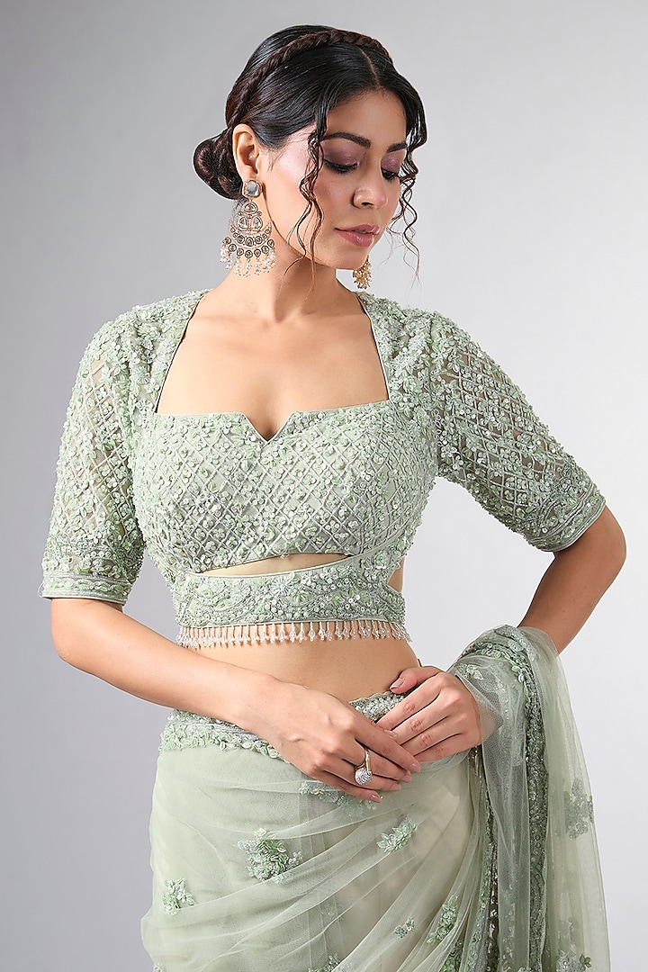 Green Net Tikki Work Wedding Saree Set by Pallavi Poddar (India) at Pernia's Pop Up Shop