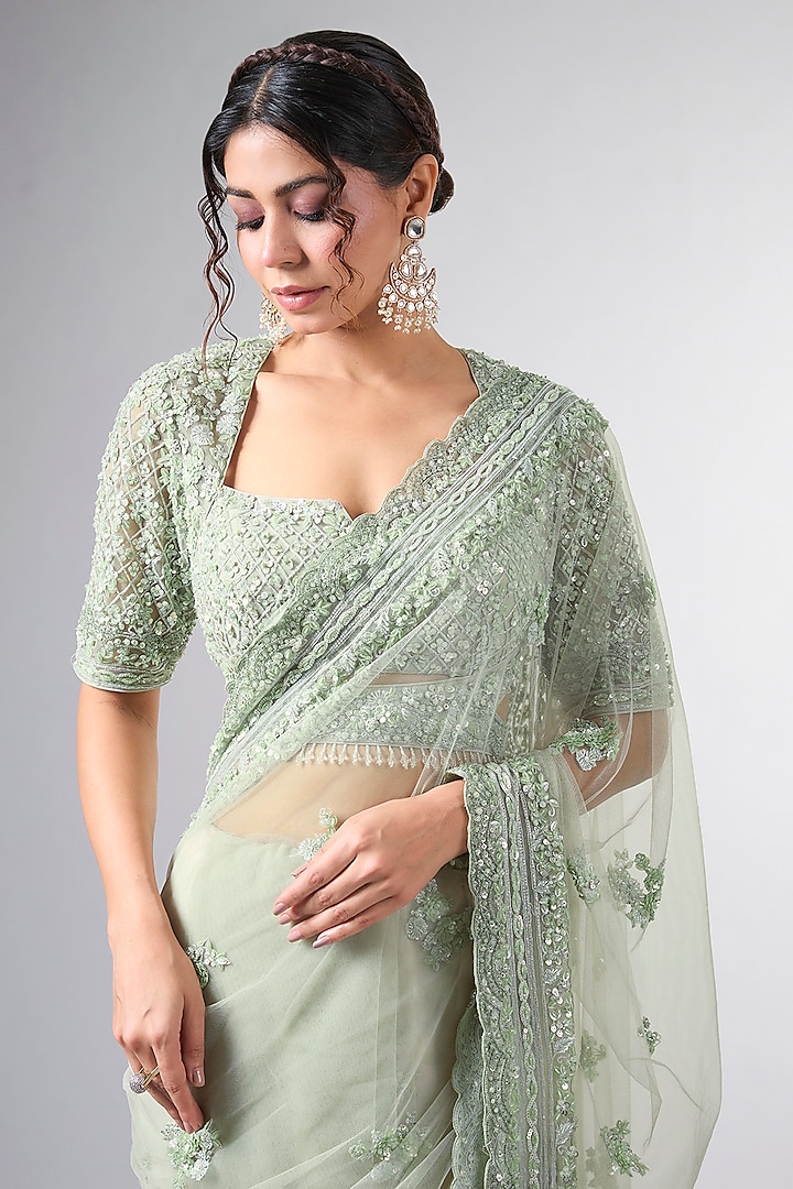 Green Net Tikki Work Wedding Saree Set by Pallavi Poddar (India) at Pernia's Pop Up Shop