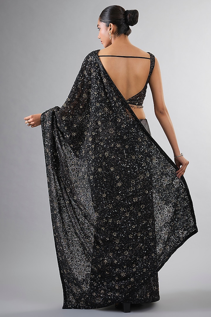 Black Net Cutdana & Tikki Work Reception Saree Set by Pallavi Poddar (India) at Pernia's Pop Up Shop
