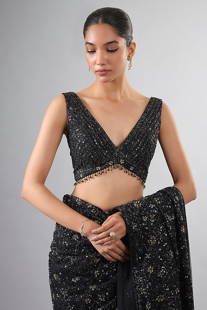 Black Net Cutdana & Tikki Work Reception Saree Set by Pallavi Poddar (India) at Pernia's Pop Up Shop