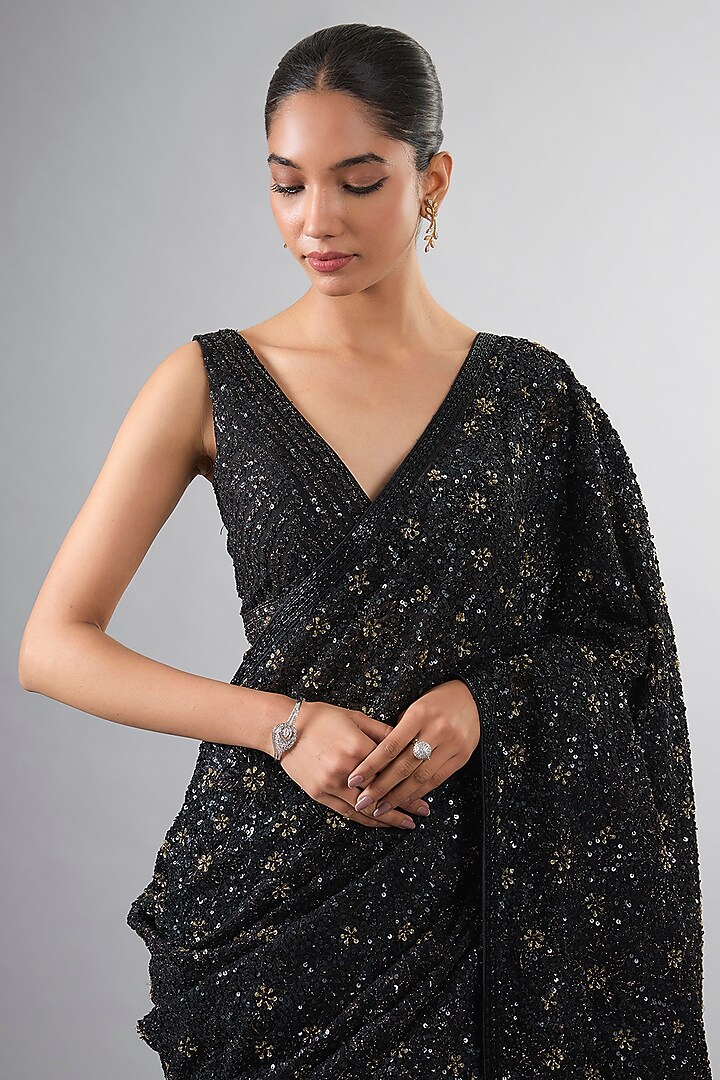 Black Net Cutdana & Tikki Work Reception Saree Set by Pallavi Poddar (India) at Pernia's Pop Up Shop