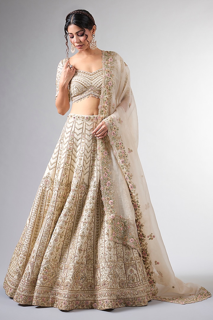 Ivory Raw Silk Cutdana & Dabka Work Bridal Lehenga Set by Pallavi Poddar (India) at Pernia's Pop Up Shop