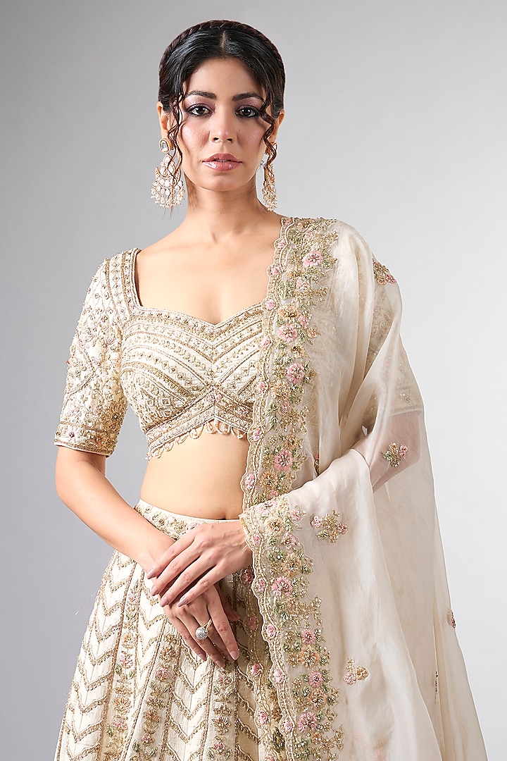 Ivory Raw Silk Cutdana & Dabka Work Bridal Lehenga Set by Pallavi Poddar (India) at Pernia's Pop Up Shop