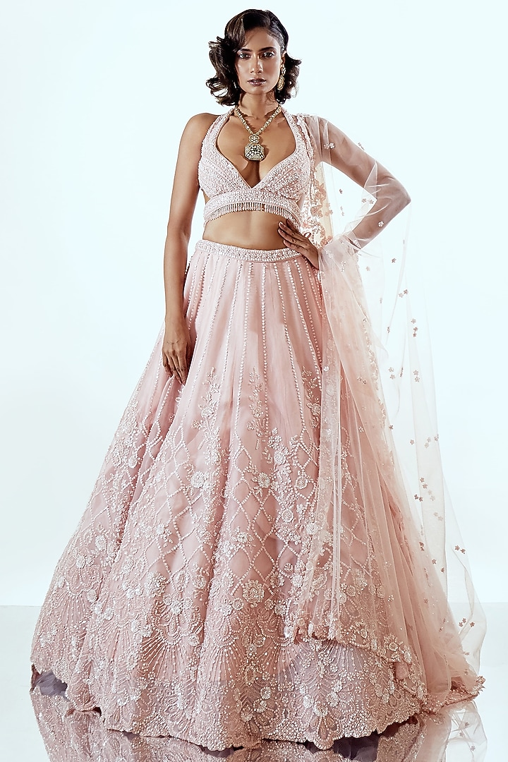 Pink Organza Sequin & Thread Embellished Bridal Lehenga Set by Pallavi Poddar (India) at Pernia's Pop Up Shop