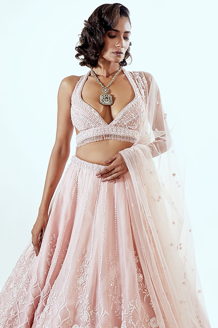 Pink Organza Sequin & Thread Embellished Bridal Lehenga Set by Pallavi Poddar (India) at Pernia's Pop Up Shop
