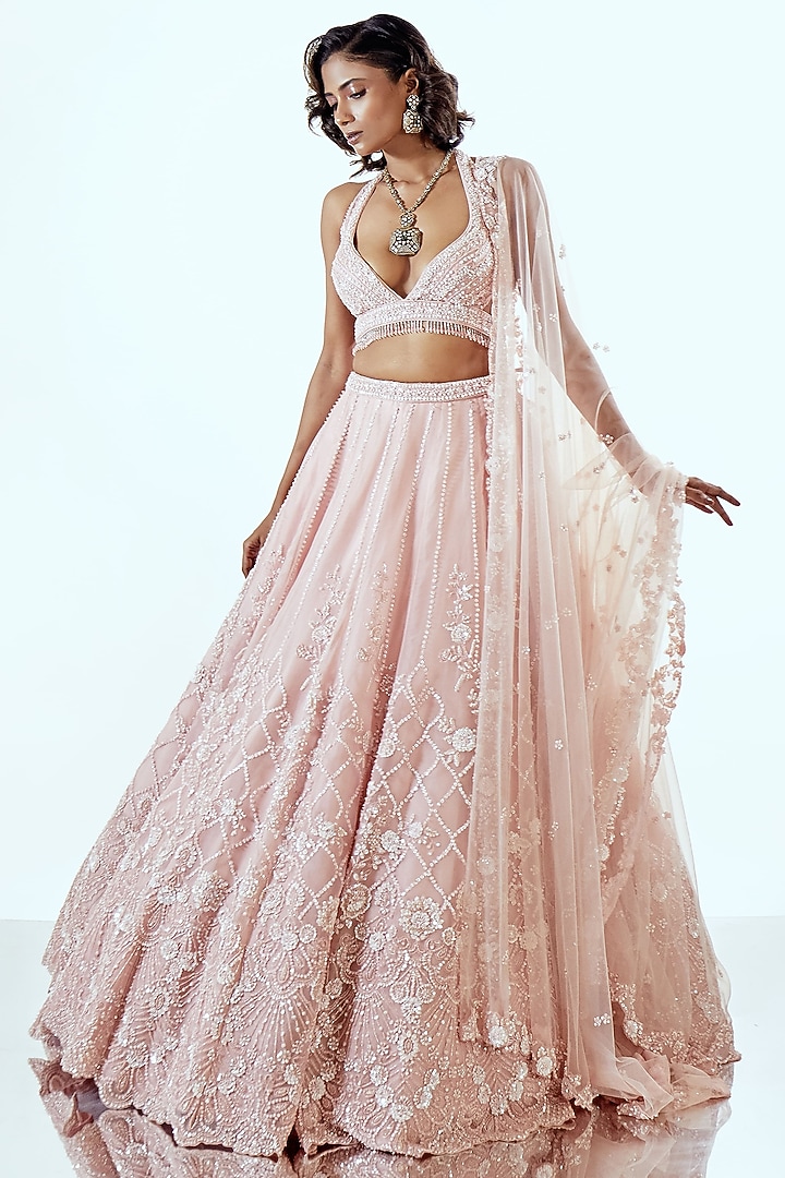Pink Organza Sequin & Thread Embellished Bridal Lehenga Set by Pallavi Poddar (India) at Pernia's Pop Up Shop