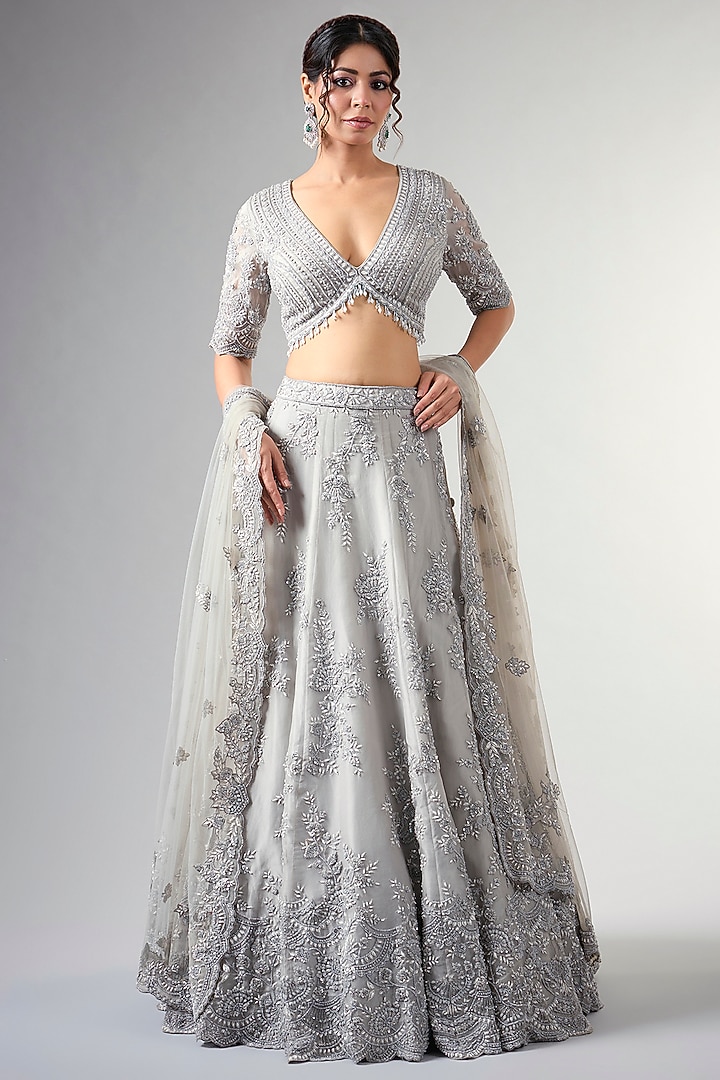 Blue Organza Cutdana Work Bridal Lehenga Set by Pallavi Poddar (India) at Pernia's Pop Up Shop