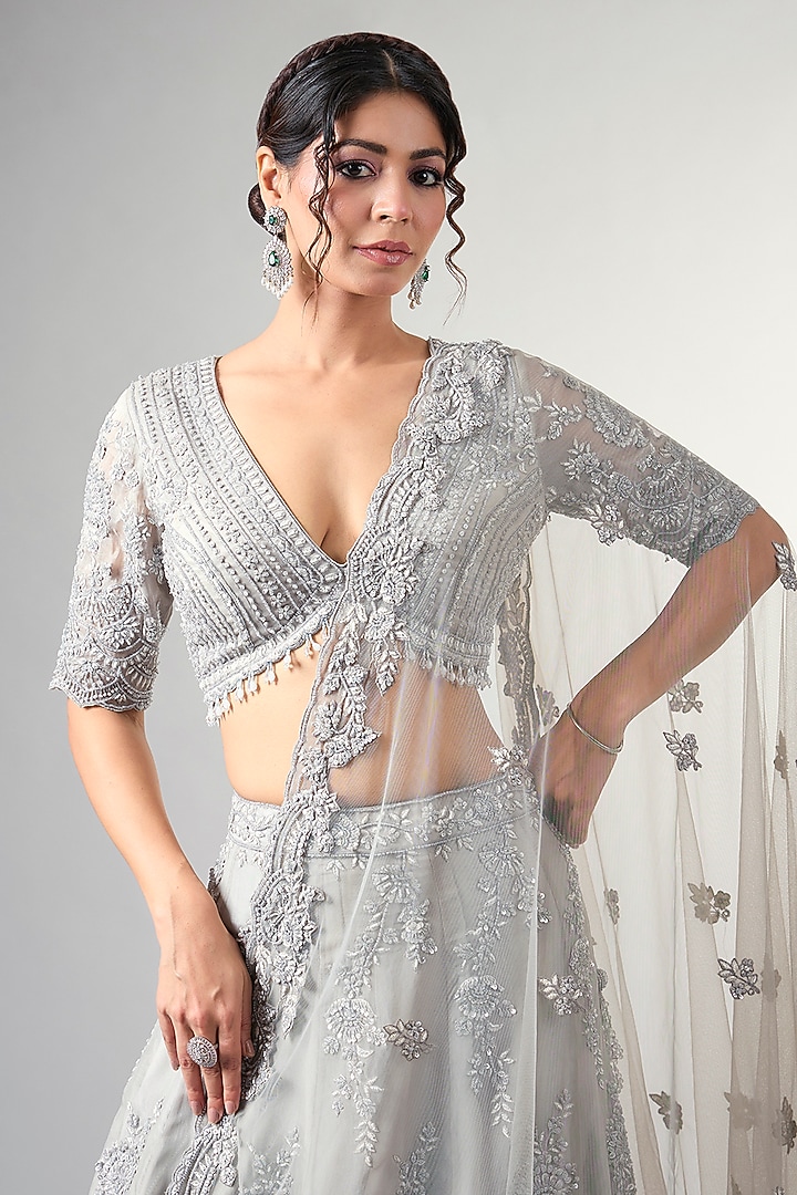 Blue Organza Cutdana Work Bridal Lehenga Set by Pallavi Poddar (India) at Pernia's Pop Up Shop