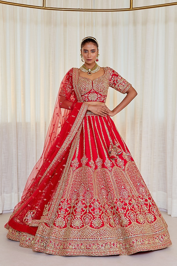Red Raw Silk Zardosi & Resham Embroidered Bridal Lehenga Set by Pallavi Poddar (India) at Pernia's Pop Up Shop
