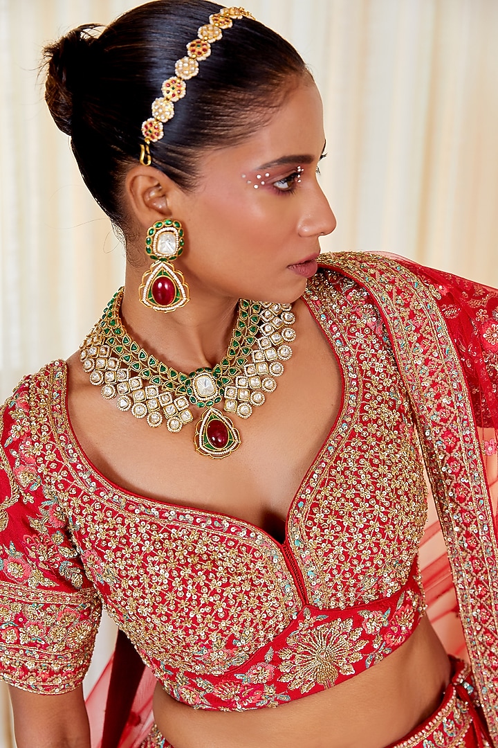 Red Raw Silk Zardosi & Resham Embroidered Bridal Lehenga Set by Pallavi Poddar (India) at Pernia's Pop Up Shop