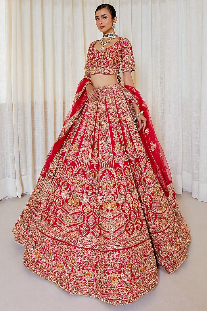 Red Raw Silk Zardosi & Resham Embroidered Bridal Lehenga Set by Pallavi Poddar (India) at Pernia's Pop Up Shop
