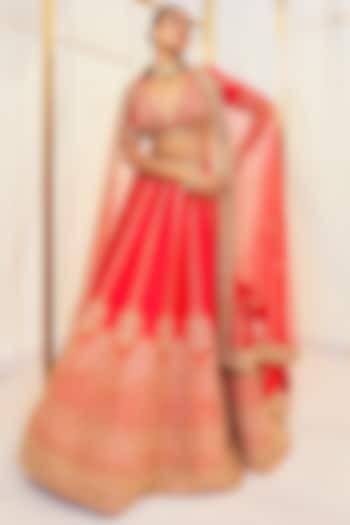 Red Raw Silk Resham Hand Work Bridal Lehenga Set by Pallavi Poddar (India) at Pernia's Pop Up Shop