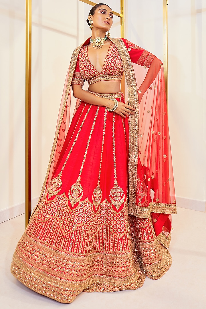 Red Raw Silk Resham Hand Work Bridal Lehenga Set by Pallavi Poddar (India) at Pernia's Pop Up Shop