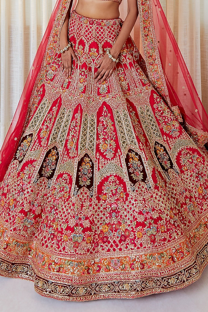Red Raw Silk Embroidered Bridal Lehenga Set by Pallavi Poddar (India) at Pernia's Pop Up Shop