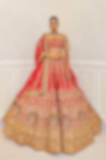 Red Raw Silk Resham Hand Embellished Bridal Lehenga Set by Pallavi Poddar (India) at Pernia's Pop Up Shop