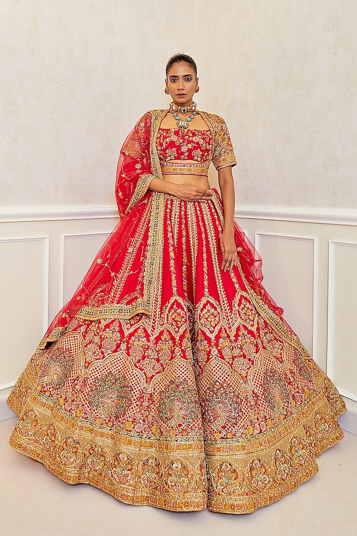 Red Raw Silk Resham Hand Embellished Bridal Lehenga Set by Pallavi Poddar (India) at Pernia's Pop Up Shop