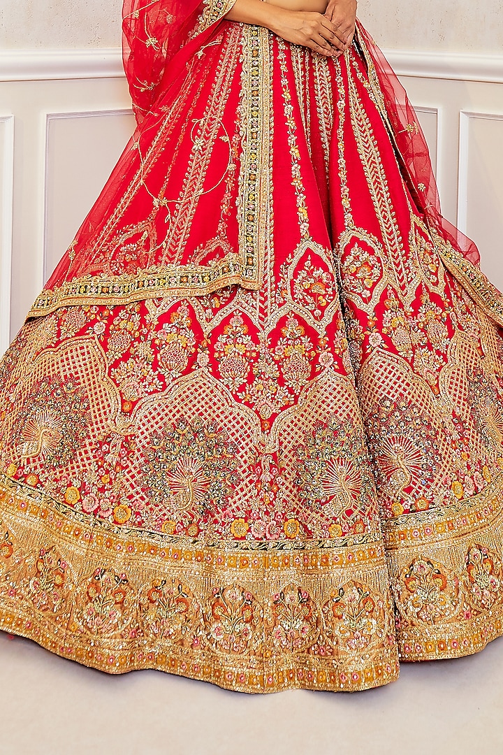 Red Raw Silk Resham Hand Embellished Bridal Lehenga Set by Pallavi Poddar (India) at Pernia's Pop Up Shop