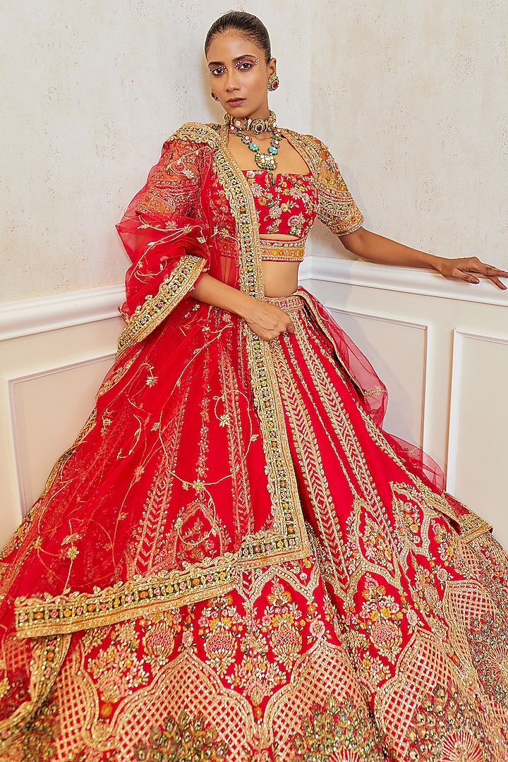 Red Raw Silk Resham Hand Embellished Bridal Lehenga Set by Pallavi Poddar (India) at Pernia's Pop Up Shop
