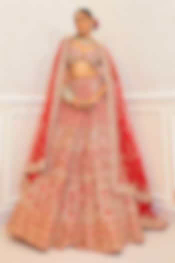 Red Raw Silk Zardosi Hand Work Bridal Lehenga Set by Pallavi Poddar (India) at Pernia's Pop Up Shop