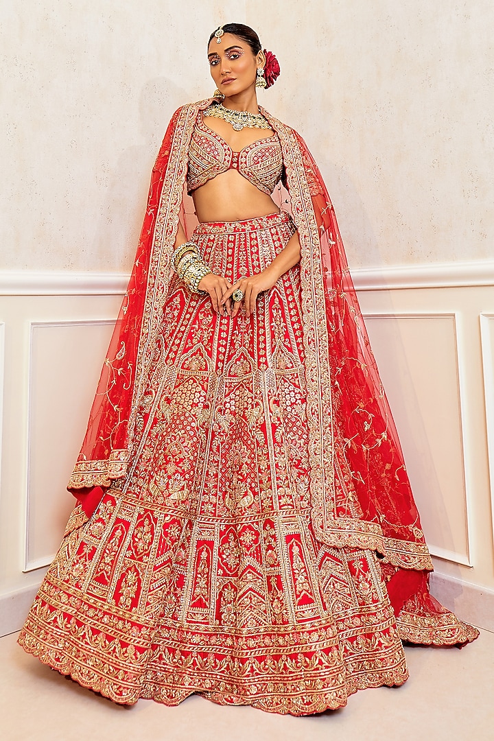 Red Raw Silk Zardosi Hand Work Bridal Lehenga Set by Pallavi Poddar (India) at Pernia's Pop Up Shop