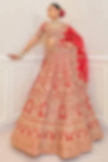 Red Raw Silk Motif Work Bridal Lehenga Set by Pallavi Poddar (India) at Pernia's Pop Up Shop