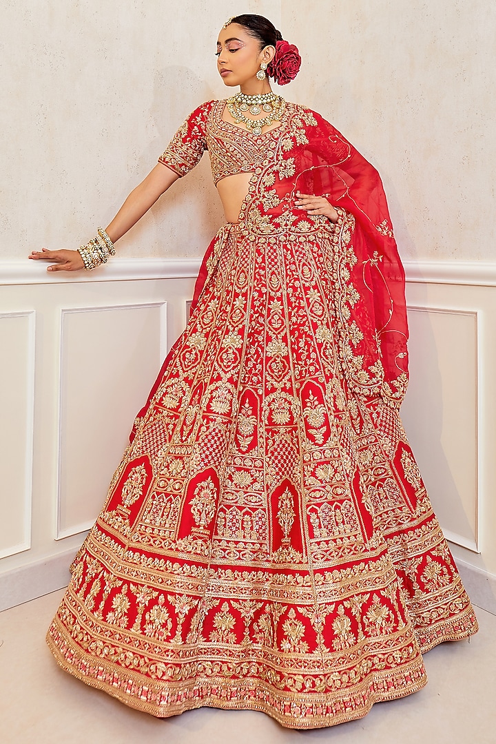 Red Raw Silk Motif Work Bridal Lehenga Set by Pallavi Poddar (India) at Pernia's Pop Up Shop