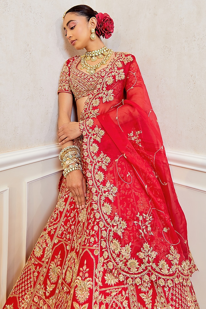 Red Raw Silk Motif Work Bridal Lehenga Set by Pallavi Poddar (India) at Pernia's Pop Up Shop