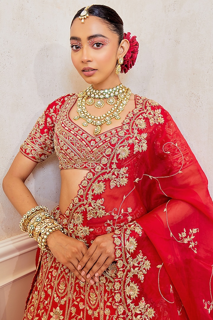 Red Raw Silk Motif Work Bridal Lehenga Set by Pallavi Poddar (India) at Pernia's Pop Up Shop