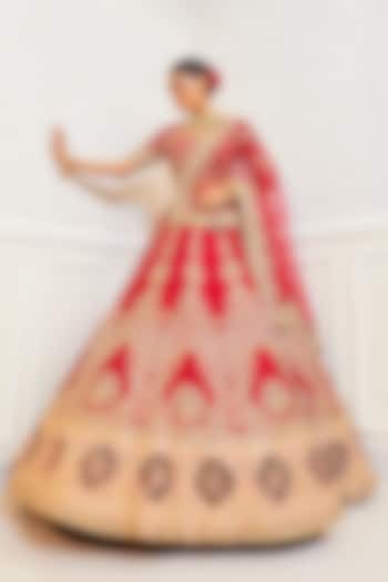 Maroon Raw Silk Embroidered Bridal Lehenga Set by Pallavi Poddar (India) at Pernia's Pop Up Shop