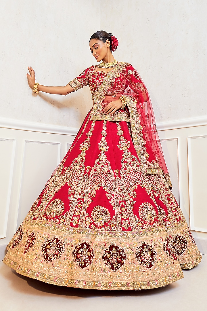 Maroon Raw Silk Embroidered Bridal Lehenga Set by Pallavi Poddar (India) at Pernia's Pop Up Shop