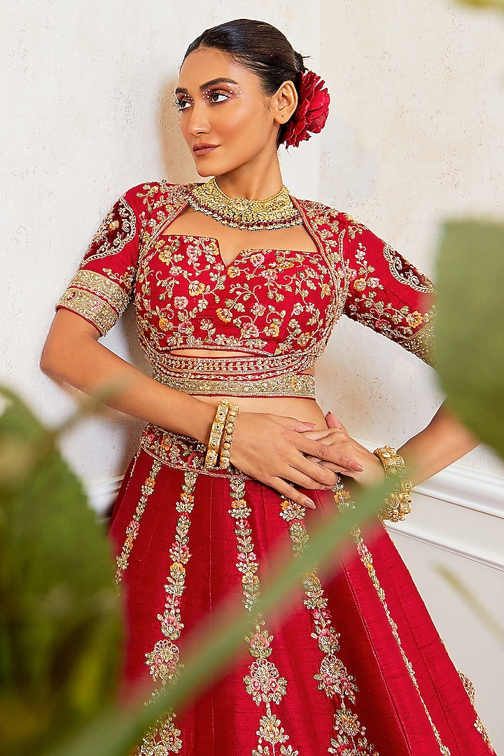 Maroon Raw Silk Embroidered Bridal Lehenga Set by Pallavi Poddar (India) at Pernia's Pop Up Shop