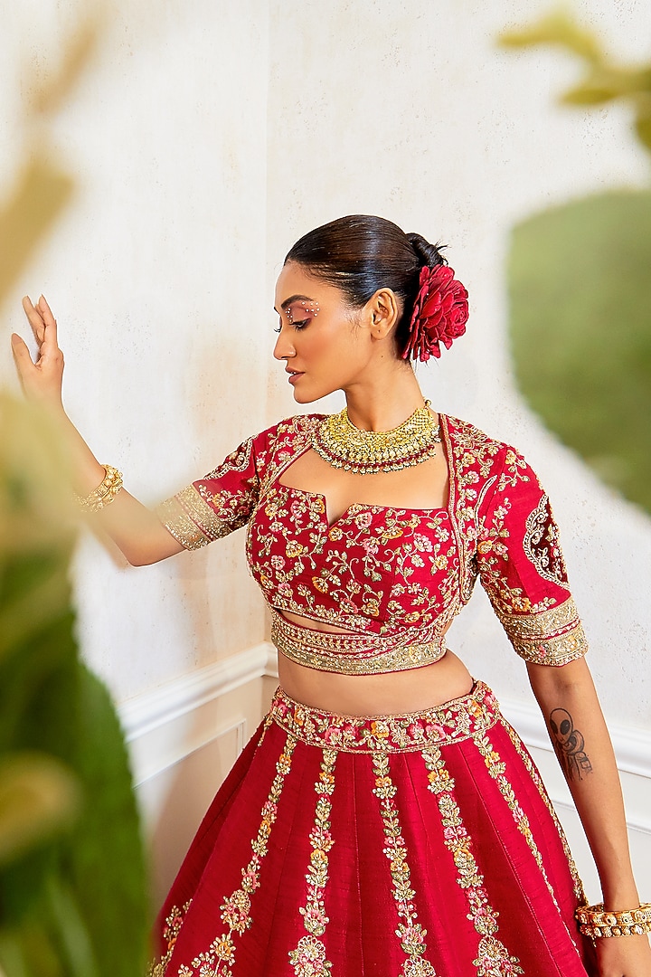Maroon Raw Silk Embroidered Bridal Lehenga Set by Pallavi Poddar (India) at Pernia's Pop Up Shop