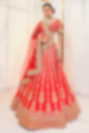 Red Raw Silk Resham Work Wedding Lehenga Set by Pallavi Poddar (India) at Pernia's Pop Up Shop