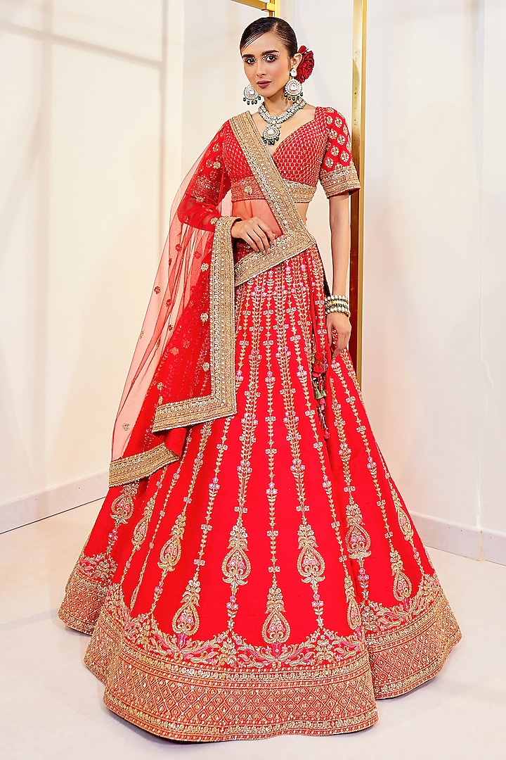 Red Raw Silk Resham Work Wedding Lehenga Set by Pallavi Poddar (India) at Pernia's Pop Up Shop