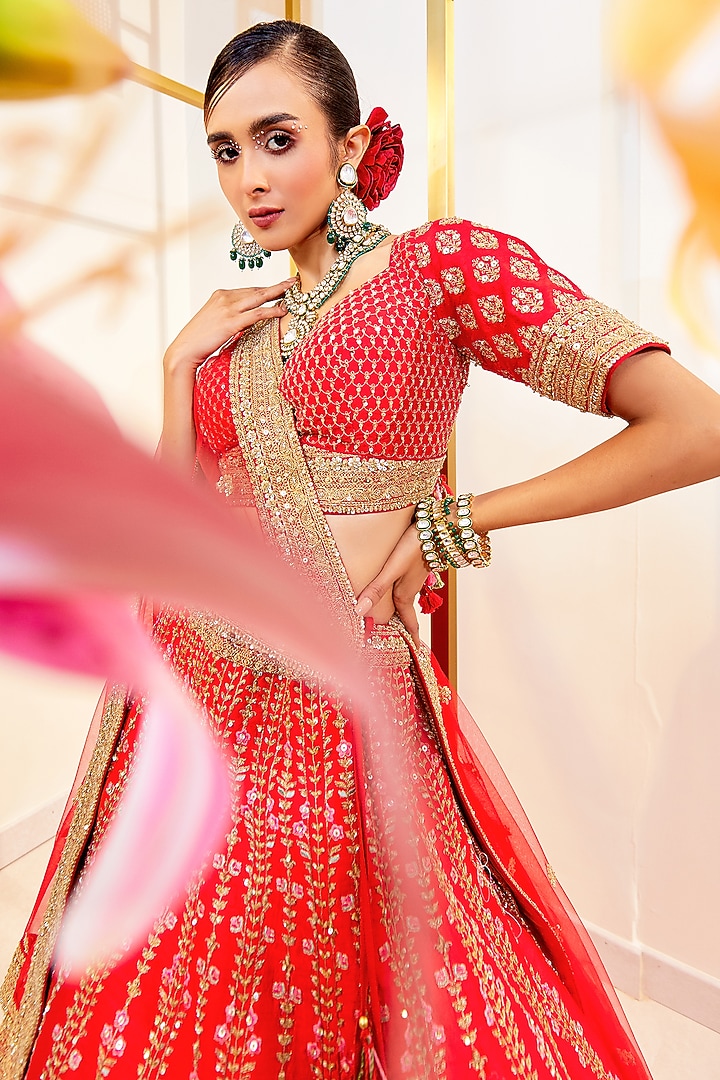 Red Raw Silk Resham Work Wedding Lehenga Set by Pallavi Poddar (India) at Pernia's Pop Up Shop
